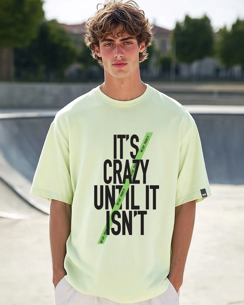 bewakoof Men's Fog Green It's Crazy Typography Oversized T-shirt